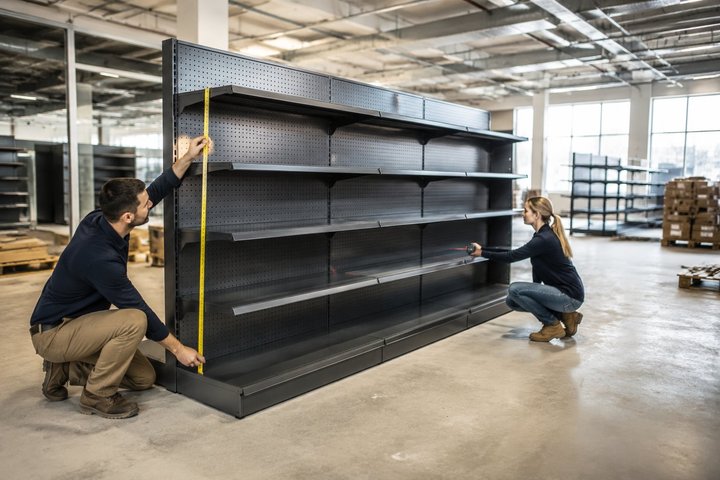 Convenience store shelving layout with gondola and wall display zones