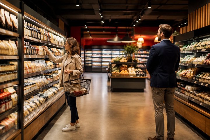 Finished supermarket aisle with well-merchandised retail shelves