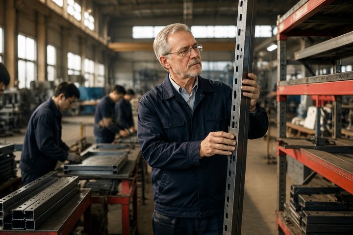 Completed steel shelf panels inside a shelving factory