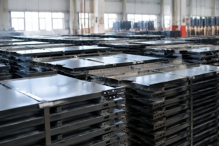 Finished supermarket shelving components organized for spare-parts reorders