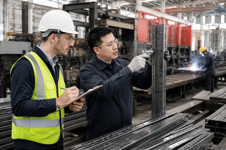 Buyer evaluating a supermarket shelving factory production and inspection route