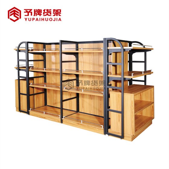 Supermarket shelf with wooden cabinet