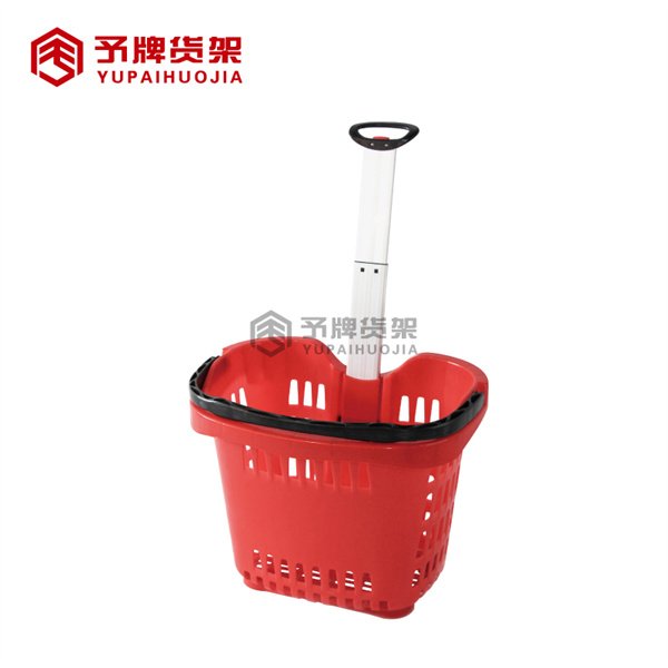 Four Wheel Pull Type Plastic Supermarket Shopping Basket view 3