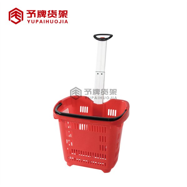 Four Wheel Pull Type Plastic Supermarket Shopping Basket view 4